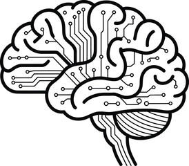 Abstract illustration of a human brain with circuit board design in black and white