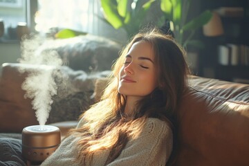 Air humidifier device at home: Woman relaxing on the sofa while using a humidifier., Generative AI