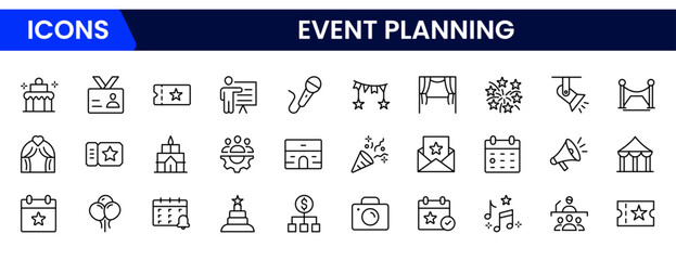 Organized vector web line icons depicting event planning, schedules, decorations, invitations, and seamless coordination for memorable occasions.