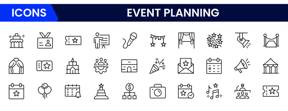 Organized vector web line icons depicting event planning, schedules, decorations, invitations, and seamless coordination for memorable occasions.