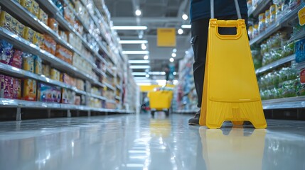 Person walking down a supermarket aisle with clean shelves and bright lighting creating a welcoming shopping atmosphere