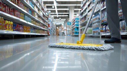 Person diligently cleaning the floor of a supermarket aisle to maintain a safe and neat shopping environment