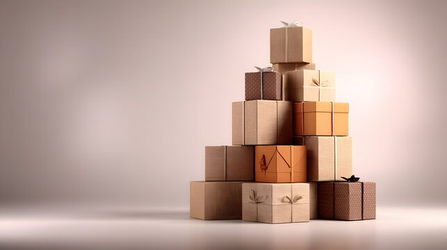 Tall stack of boxes arranged symmetrically on store shelves creating an organized display for easy access and visibility