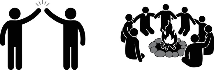 Stick figures high five and group around campfire teamwork collaboration community success celebration camp editable stock vector illustration