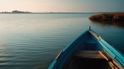 Obraz premium Calm Estuary Scene with Eco-Friendly Fishing Boat at Dawn