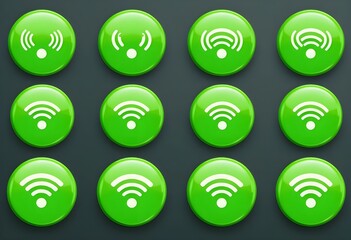 Green Wi-Fi Signal Icons &ndash; Glossy Circular Wireless Network Symbols Set

