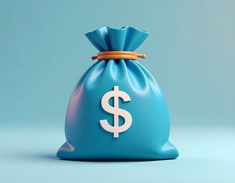 Blue money bag on light blue background