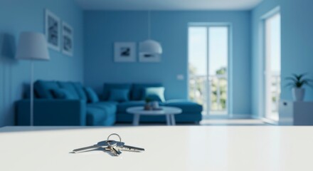 Keys rest on a table, a blurred blue living room is in the background, suggesting a new home or real estate
