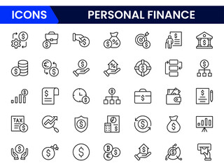 Clear vector web line icons depicting personal finance, budgeting, savings, investments, and financial planning for secure wealth management.