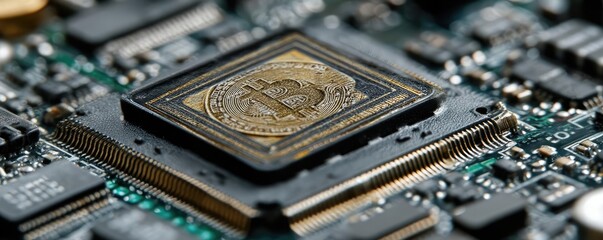 Personal finance analysis with insurance and savings concept. Close-up of a circuit board with a cryptocurrency chip.