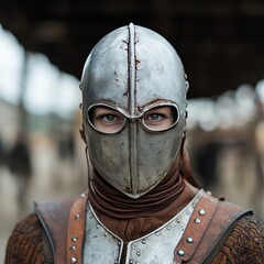 Naklejka premium Medieval knight with metal helmet and partial armor.
