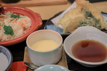 a Traditional Japanese Meal with Tempura, Chawanmushi