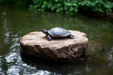 Fototapeta premium Turtle basking on a rock in a serene pond.