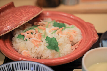Bowl of Rice with Shrimp and Fresh Cilantro Garnish