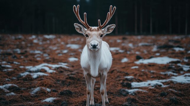 Majestic reindeer stands alert in a snowy winter landscape.