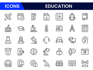 Engaging vector web line icons depicting education, learning, books, e-learning, and academic tools for knowledge and skill development.
