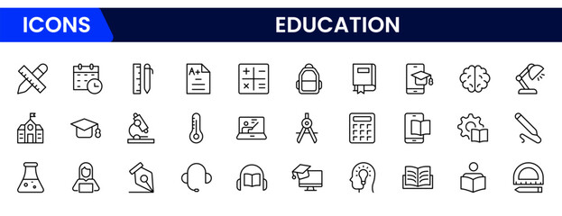 Engaging vector web line icons depicting education, learning, books, e-learning, and academic tools for knowledge and skill development.