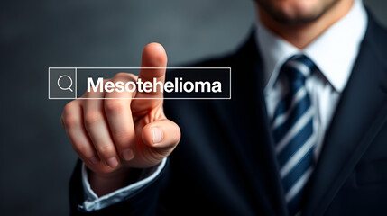 Mesothelioma. Lawyer in suit points with his finger to a search box. The term Mesothelioma is in focus. Concept for law, justice, jurisprudence