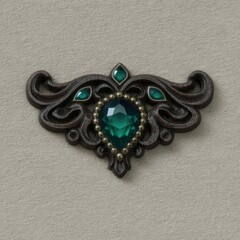 Elegant vintage brooch with emerald gemstone on neutral background.