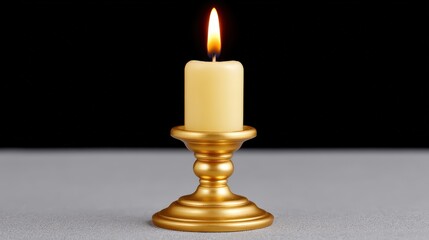 Illuminated candle on golden candlestick against dark background.