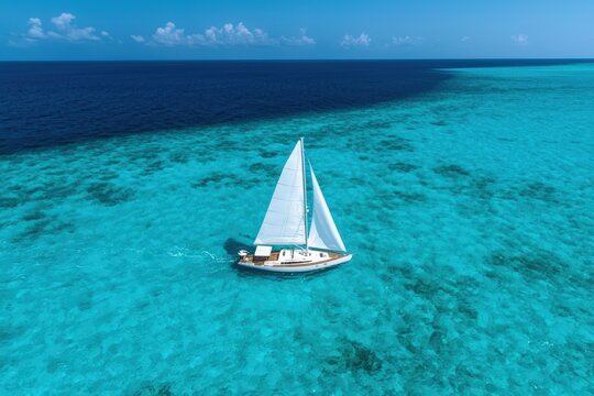 Sailboat glides across turquoise waters on a sunny day.