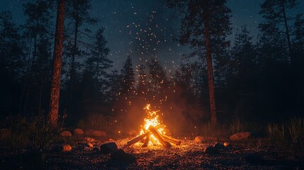 Campfire under a starry night sky in a dark forest.