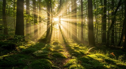 Fototapeta premium Sunbeams pierce a misty forest, illuminating a mossy path. Golden light filters through dense trees, creating a magical atmosphere