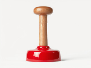 bright red plunger standing upright on a clean white background with sharp lighting showing rubber texture and wooden handle perfect for plumbing tools advertisements or home repair visuals 