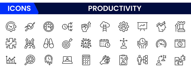 Streamlined vector web line icons depicting productivity tools, time management, tasks, efficiency, and goal-oriented workflows for optimal performance.