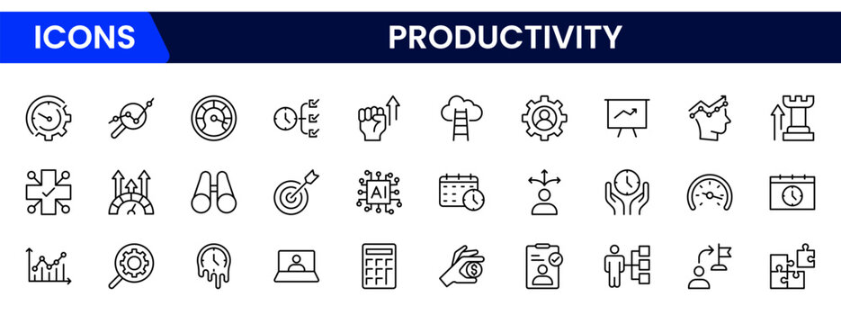 Streamlined vector web line icons depicting productivity tools, time management, tasks, efficiency, and goal-oriented workflows for optimal performance.
