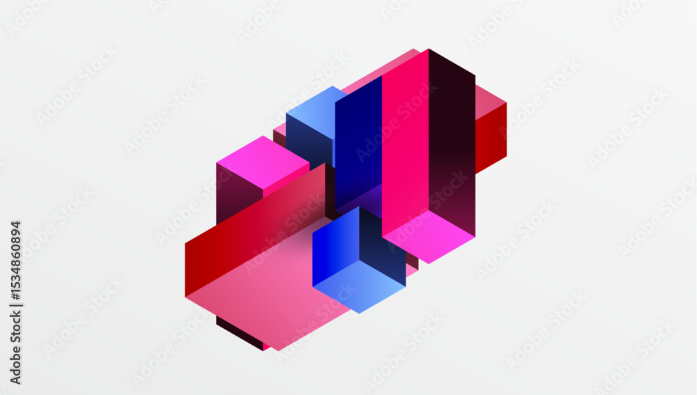 Poster abstract isometric composition. blocks intersect, creating vibrant pinks, blues, reds. minimalist de