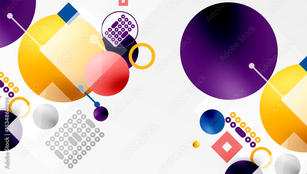 Poster Abstract composition featuring colorful circles, squares, dots. Geometric shapes overlap, creating dynamic visual effect. Modern design elements present.