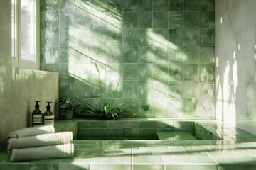 Detailed Picture of Bathroom Interior with Green Tiles and White Cabinets on the Wall