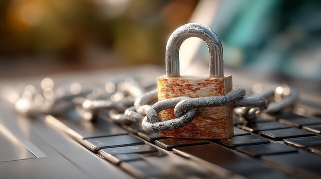 Locking down security a close-up of a padlock on a laptop technology indoor setting focused perspective