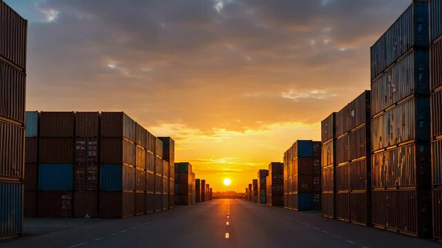 Shipping Containers at Sunset Dramatic Sky Logistics Industry