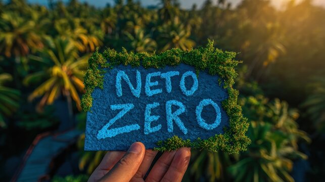 Hand holding sign with "NETO ZERO" in a lush palm grove