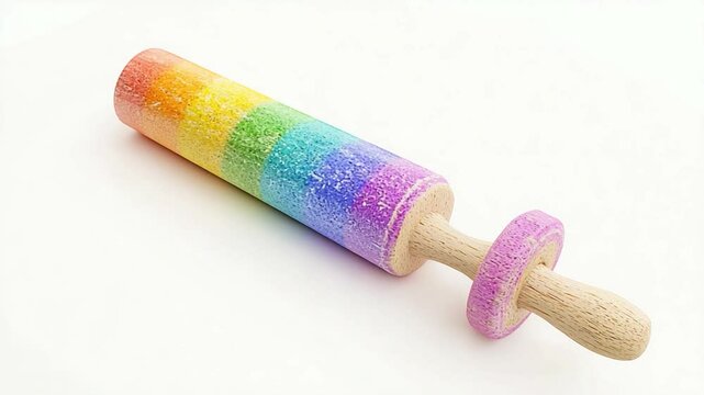 Colorful rainbow rolling pin on a white background, showcasing vibrant stripes for baking