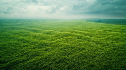 Expansive green field stretching to the horizon under a dramatic sky