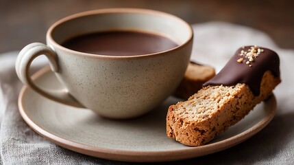 Warm Cup of Coffee with Chocolate-Dipped Biscotti on a Cozy Plate