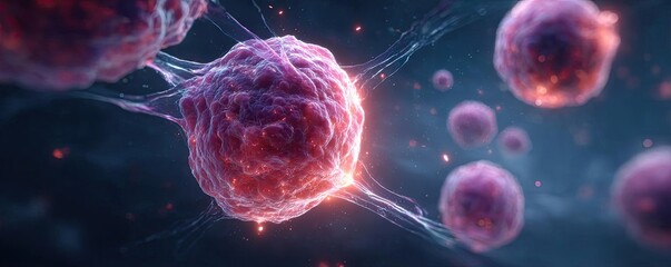 Cancer treatment monitoring and oncology precision concept. Detailed view of cells in a scientific digital illustration.