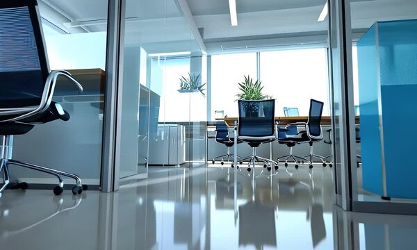 Contemporary Office Interior with Glass Walls Swivel Chairs Desktops and Indoor Plant in White Color