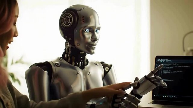 Realistic robot interacting with human discussing computer code and ai development
