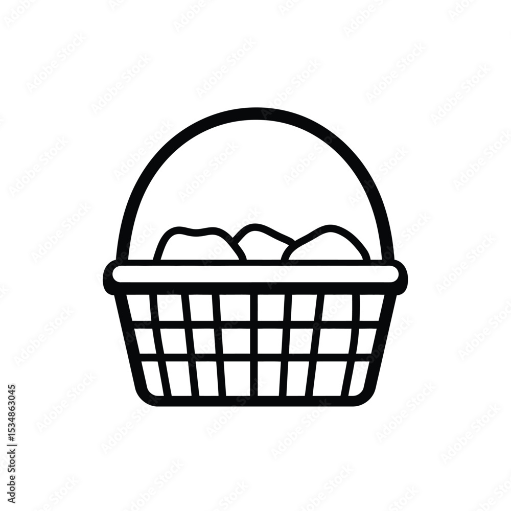 Poster minimalist outline icon depicting a basket filled with rounded objects on white background