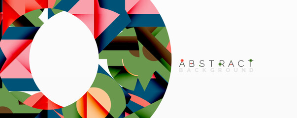 Obraz premium Colorful geometric shapes form circular pattern. White space provides contrast, ideal for text or design elements. Modern aesthetic.