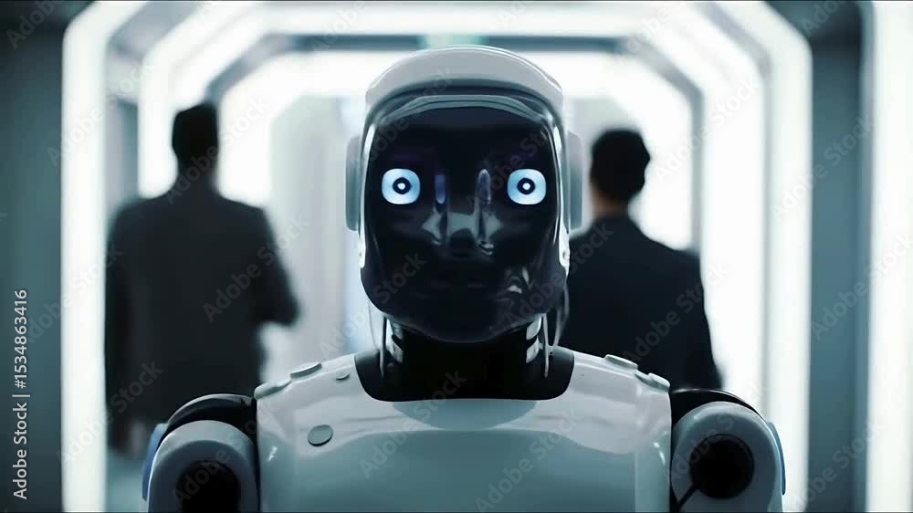 Poster futuristic robot interacts with humans in modern corridor showing artificial intelligence