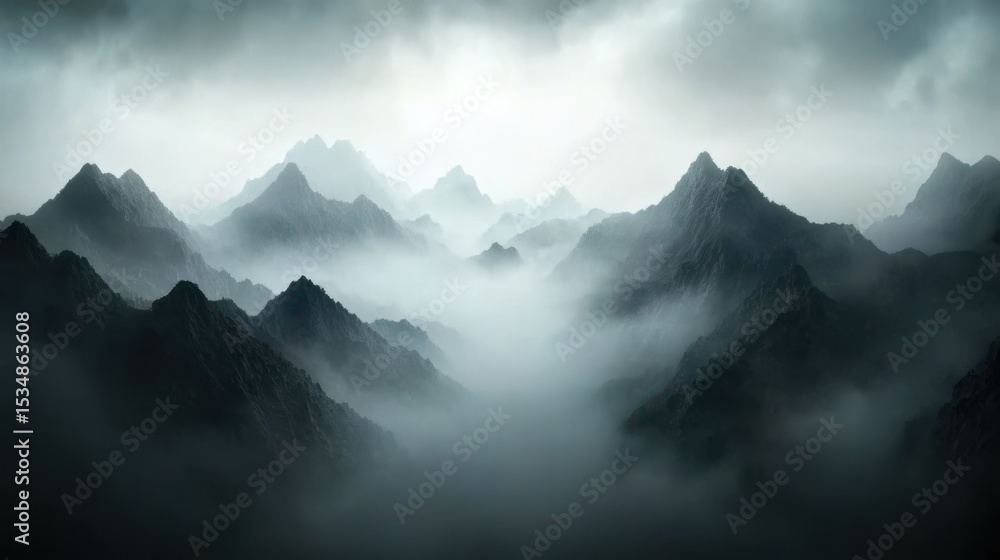 Poster a foggy empty mountain range with layered ridgelines fading into soft gray mist, creating a mysterio