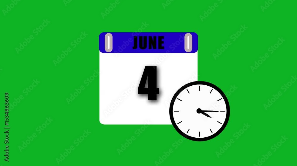 Poster june fourth calendar date with clock on green background with accurate time display
