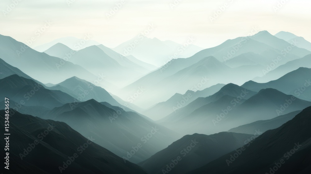Poster a foggy empty mountain range with layered ridgelines fading into soft gray mist, creating a mysterio