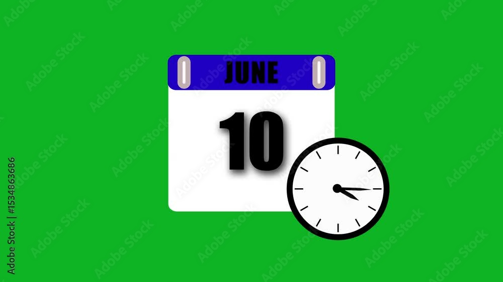 Poster june tenth date displayed on calendar with analog clock green background