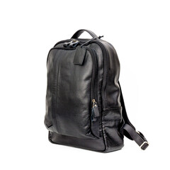 Naklejka premium Black leather backpack isolated on white background, perfect for leather product catalog design